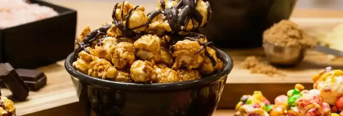 gourmet popcorn caramel drizzled in chocolate