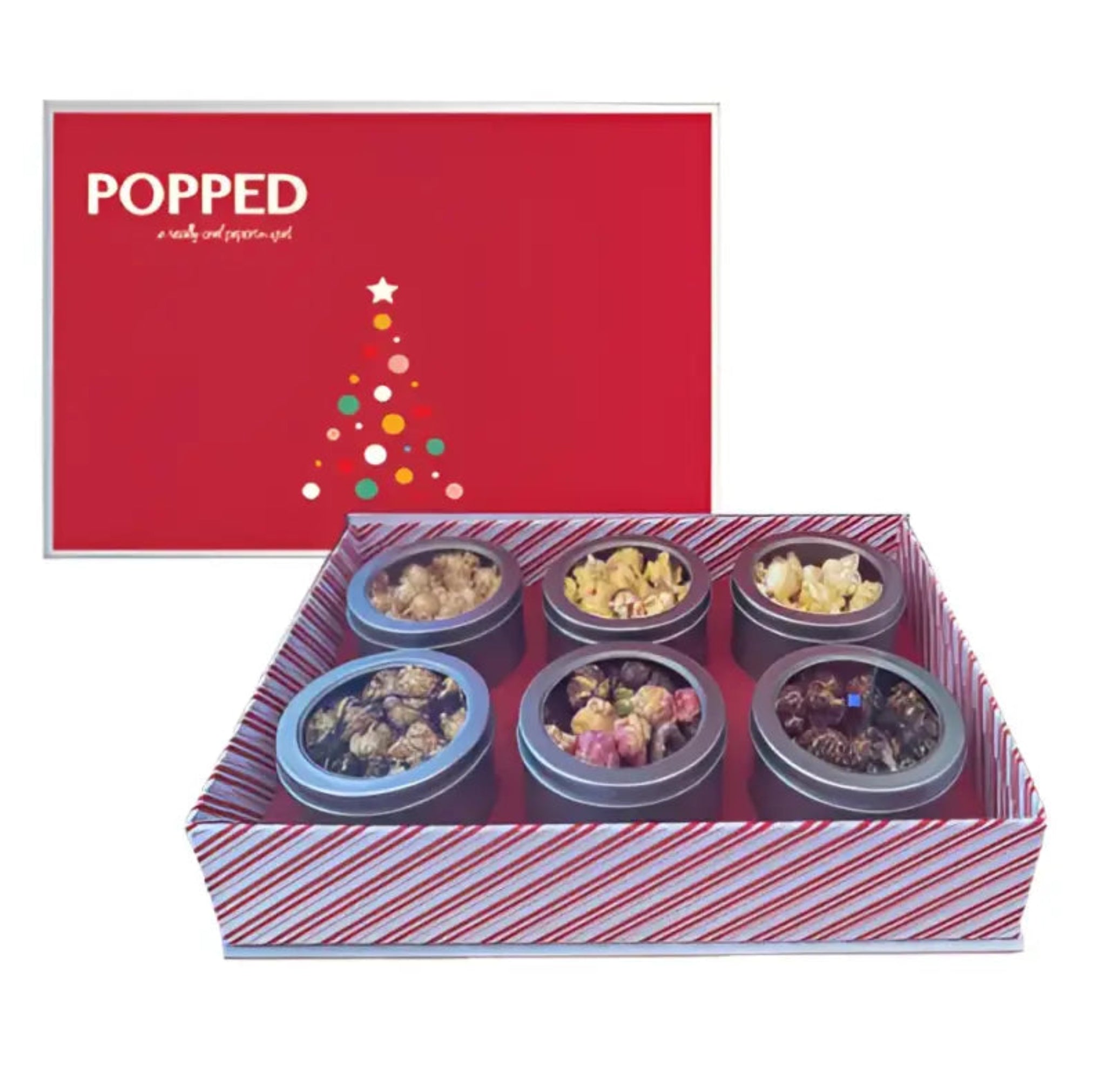 Red and white striped popcorn tin box with colorful contents.