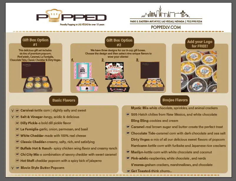 A menu of popcorn gift boxes and flavors.