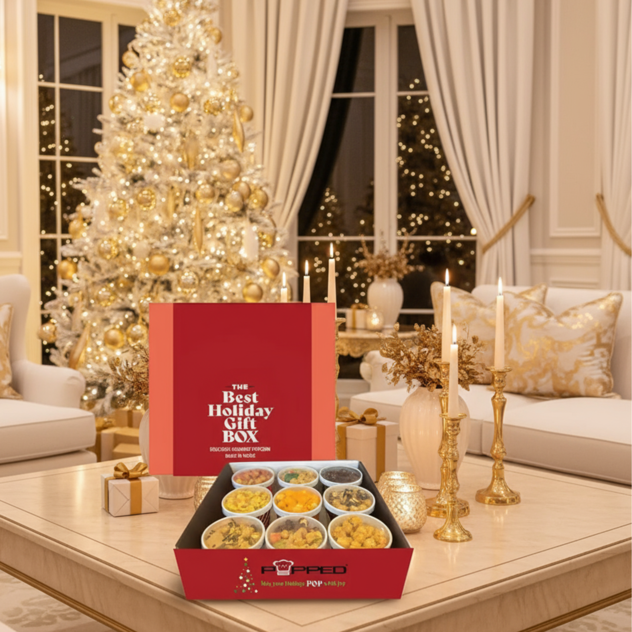 Red and orange holiday popcorn gift box with assorted flavors from popped.