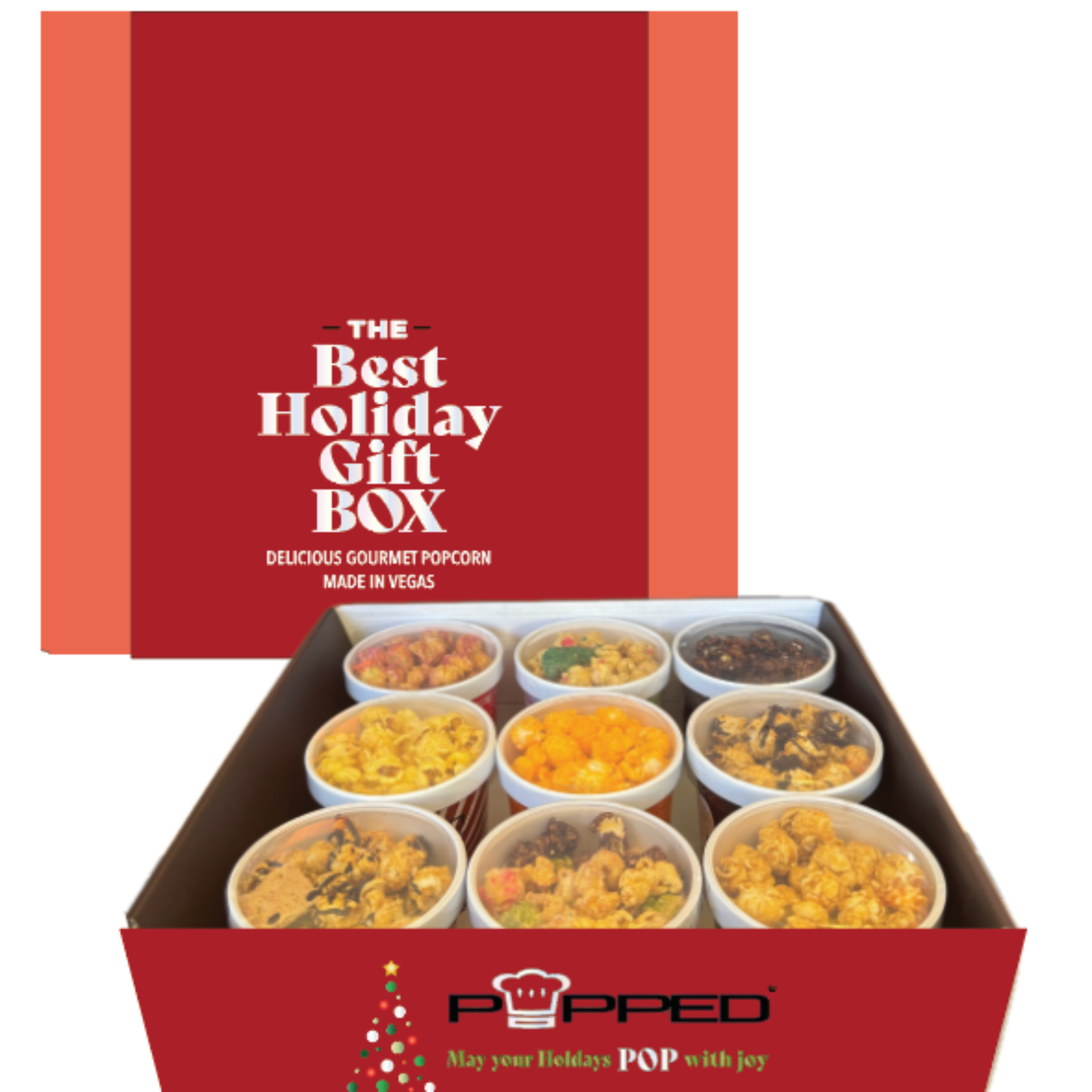 Red holiday gift box with gourmet popcorn and 'Popped' branding.