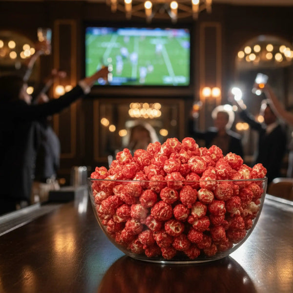 A clear glass bowl filled with vibrant red, fluffy popcorn kernels.