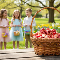 A woven wicker basket of red and white bunny pop popcorn with savory flavors white chocolate on wood surface