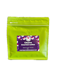 A vibrant lime green resealable bag of popped gourmet coffee churro with a purple label featuring sweet cinnamon churro magic