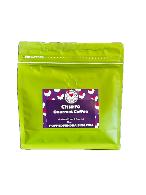 A vibrant lime green resealable bag of popped gourmet coffee churro with a purple label featuring sweet cinnamon churro magic