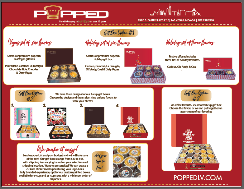 Popped popcorn gift box set advertisement with various gift options on a red background.