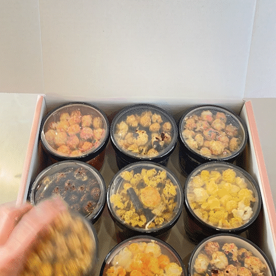 Clear plastic containers filled with colorful popcorn, each container featuring a unique mix of kernels and toppings