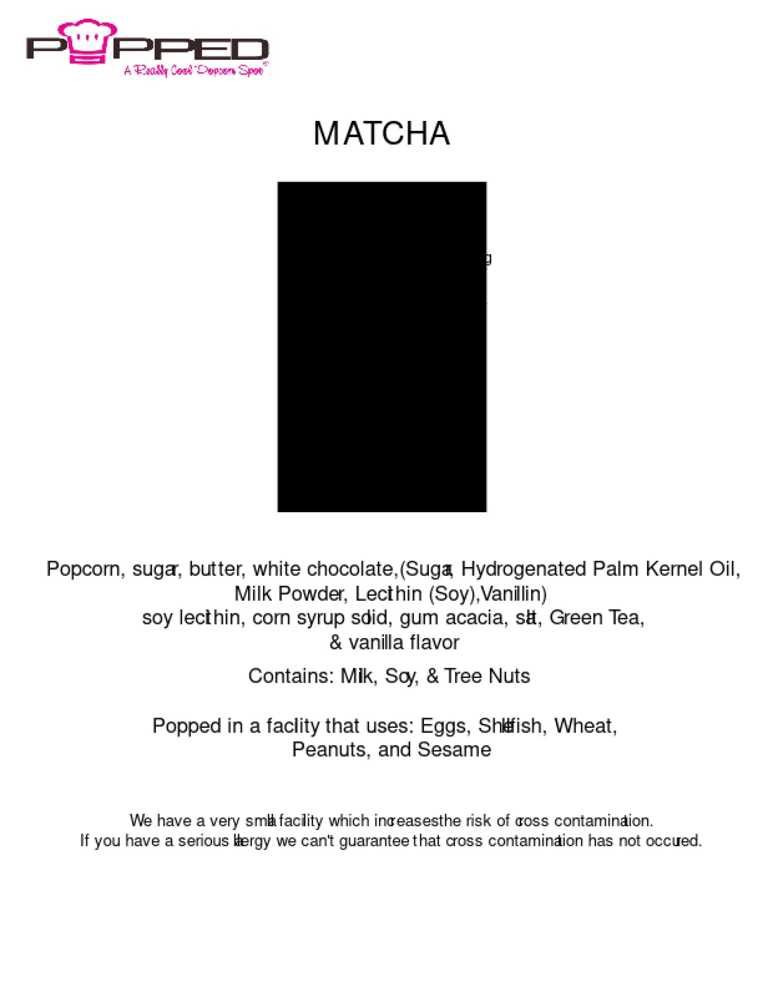 Matcha-flavored popcorn in a black rectangular package from popped, featuring ingredients like green tea and vanilla flavor.