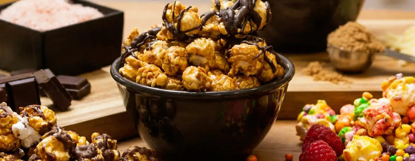 A black bowl filled with caramel-coated popcorn drizzled in chocolate.