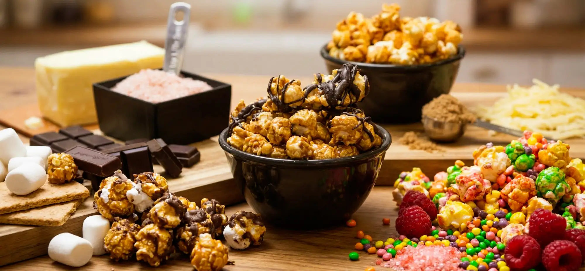 A black bowl filled with caramel-coated popcorn drizzled in chocolate.