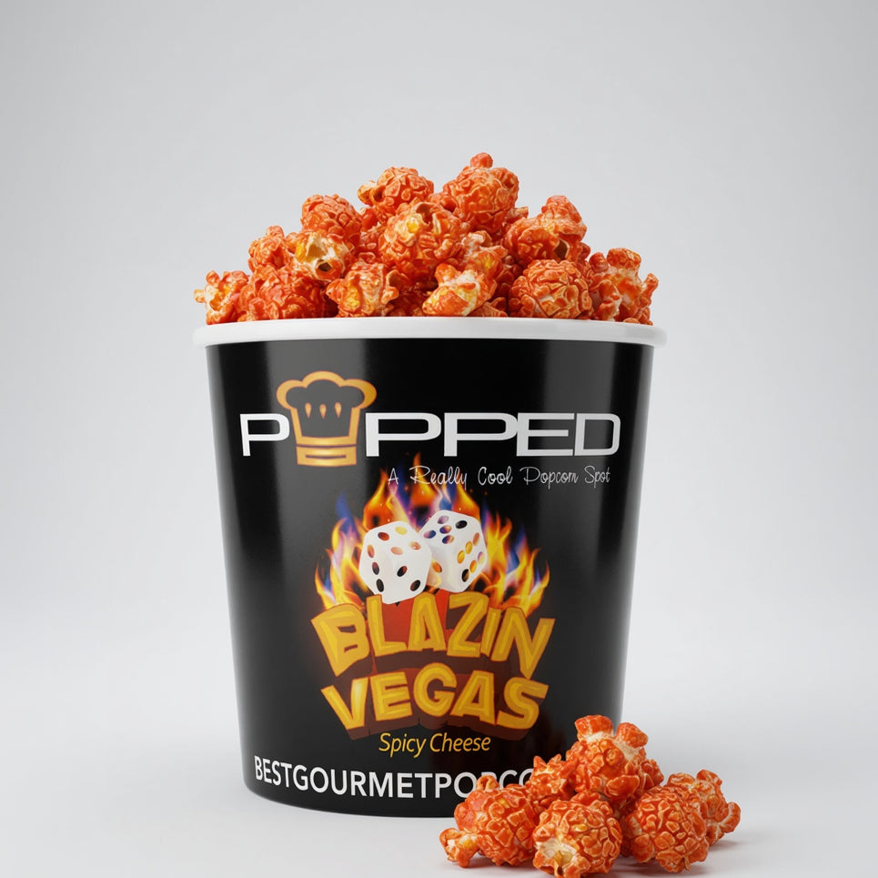 A black bucket of Popped Blazin Vegas Spicy Cheese popcorn, filled with orange-red popcorn and with a few pieces scattered in front, on a light gray background.
