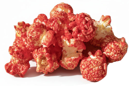 Crispy red popcorn kernels with a sugary coating.