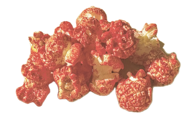Crispy red popcorn kernels with a sugary coating.