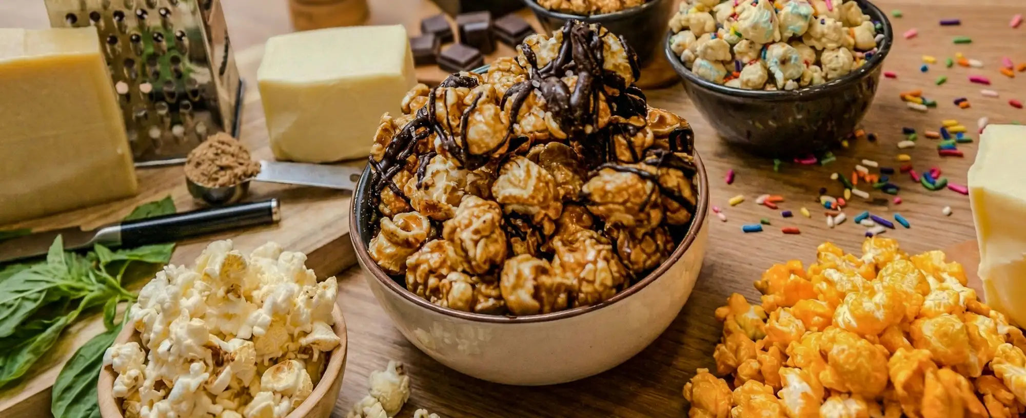 A bowl of caramel-coated popcorn drizzled with dark chocolate.