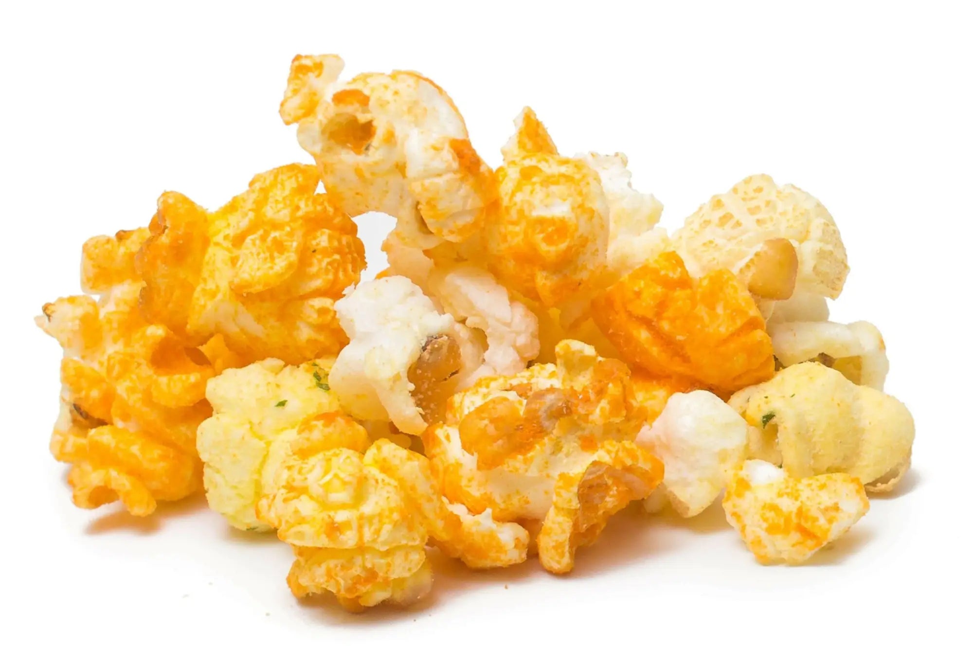 A pile of cheese-flavored and plain popcorn kernels.