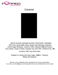 Caramel-flavored popcorn mix in a black rectangular package with white text detailing ingredients and allergen information.