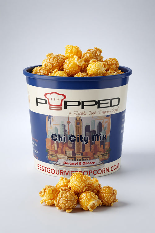 A container of Popped Chi City Mix Sauté & Cheese popcorn, filled with golden-brown popcorn and with a small pile in front, on a light gray background.