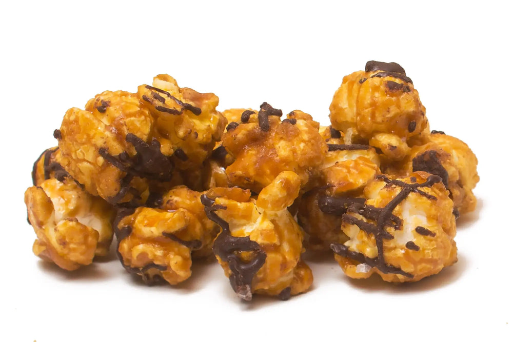 Gourmet caramel popcorn drizzled with dark chocolate.