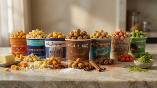Six colorful cups of gourmet popcorn arranged on a marble countertop with various snack ingredients like cheese, spices, and herbs in a kitchen setting.