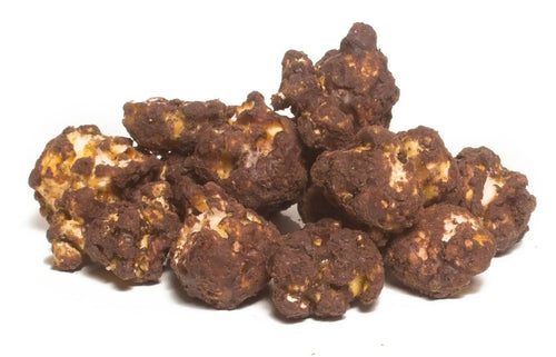A pile of chocolate-covered popcorn pieces.