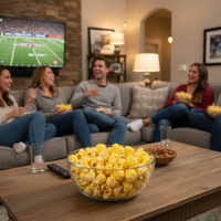 Group of people sitting on a couch watching TV in a living room with popcorn on the table.