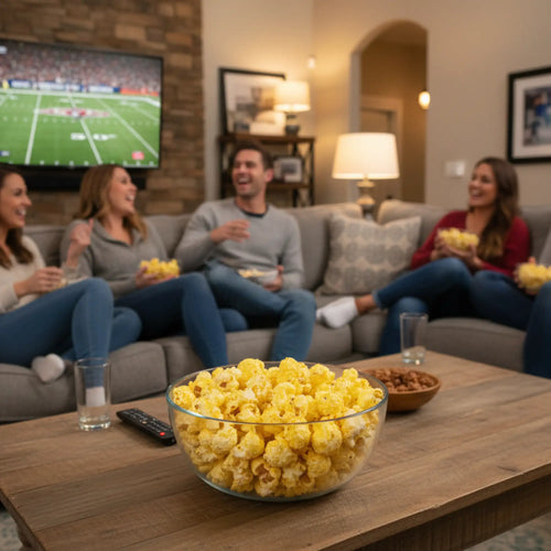 A clear glass bowl filled with fluffy, golden-yellow popcorn sits prominently on a wooden coffee table.