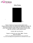 Black rectangular label for popped brand’s dilly pickle snack.