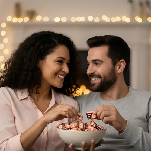 Couple enjoying popcorn together on a couch with warm lighting