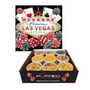 A box of assorted popcorn flavors with a Las Vegas-themed lid.