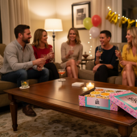 Group of people celebrating a birthday with cake and drinks in a cozy living room.