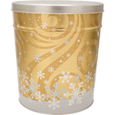 Gold snowflake tin canister with silver lid, likely for holiday treats or gifts.