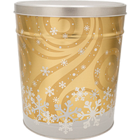 Gold snowflake tin canister with silver lid, likely for holiday treats or gifts.