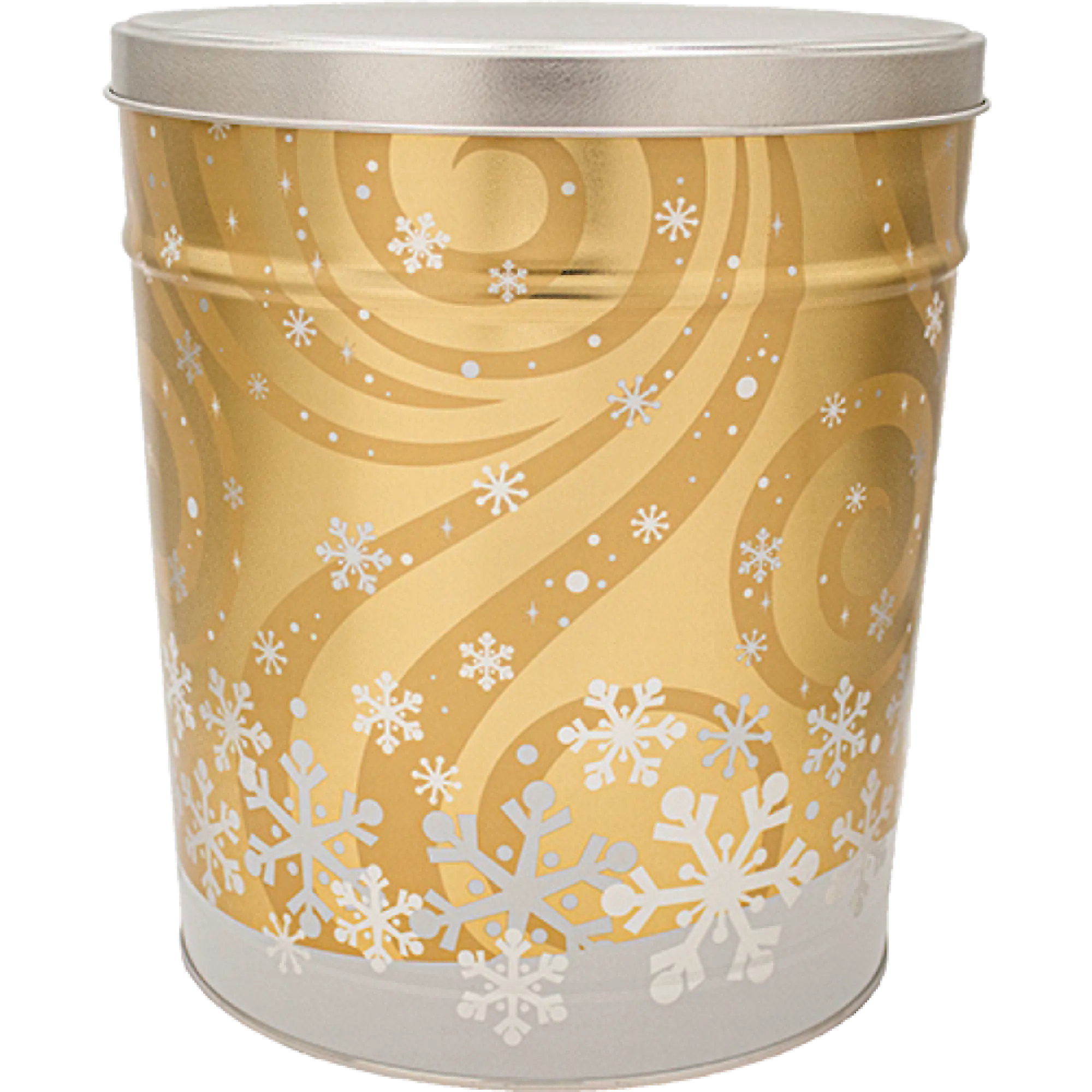 Gold snowflake tin canister with silver lid, likely for holiday treats or gifts.