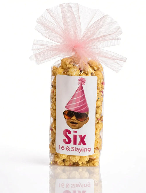 gourmet popcorn party favor with a custom sticker