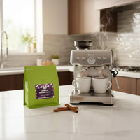 Silver espresso machine with digital display and dual dispensers perfect for sweet cinnamon churro coffee lovers