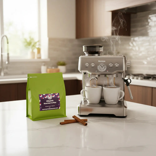 Silver espresso machine with digital display and dual dispensers perfect for sweet cinnamon churro coffee lovers