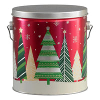 Decorative tin can with Christmas tree design on a red background