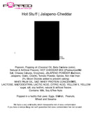 Black rectangular label for popped’s hot stuff jalapeno-cheddar snack mix.