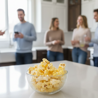Glass bowl of popcorn on a kitchen counter with people in the background