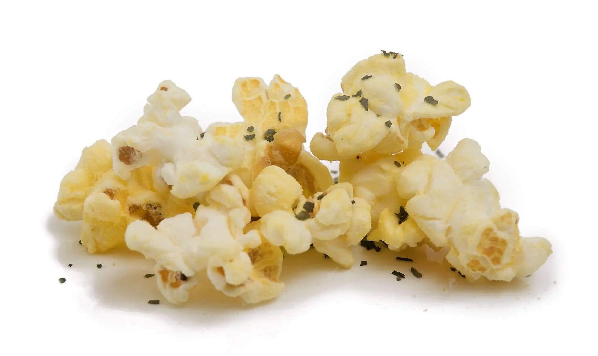A pile of lightly seasoned, buttery popcorn kernels.