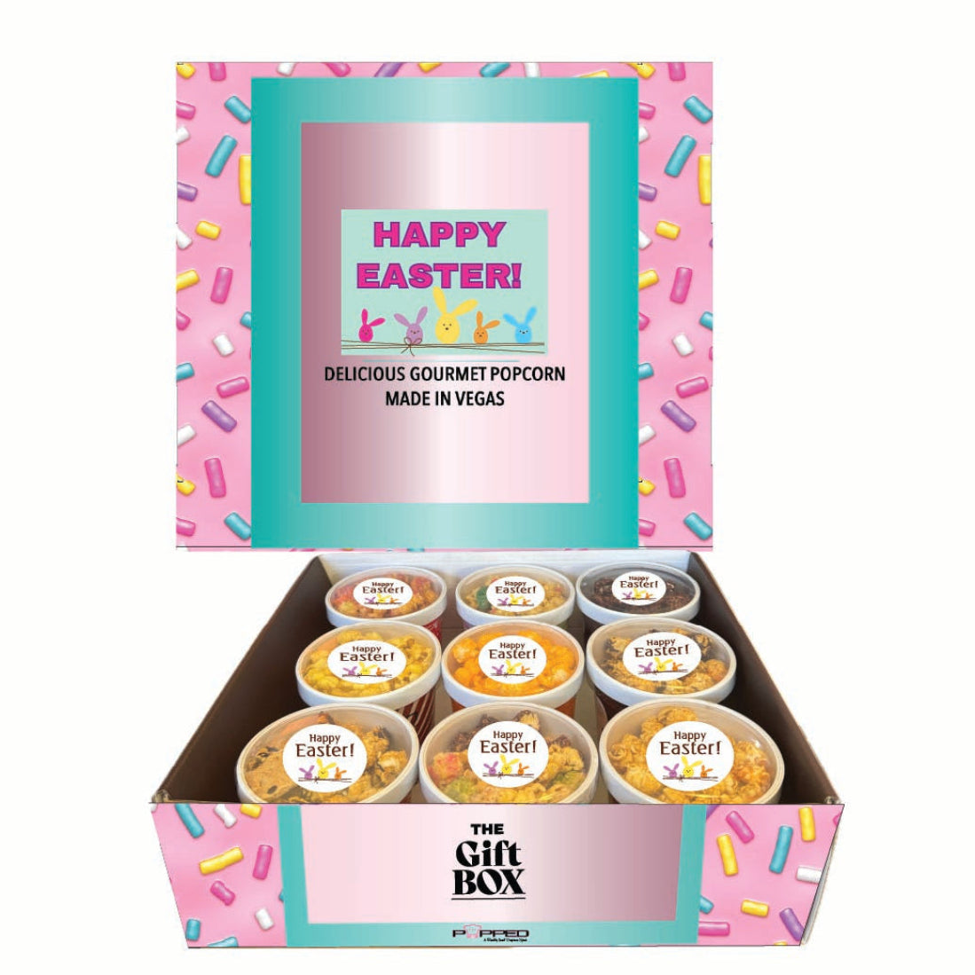 Easter-themed gift box with popcorn cups and colorful packaging