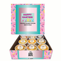 Easter-themed gift box with popcorn cups and colorful packaging