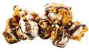 Gourmet caramel popcorn drizzled with dark and white chocolate.