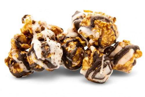 Gourmet caramel popcorn drizzled with dark and white chocolate.