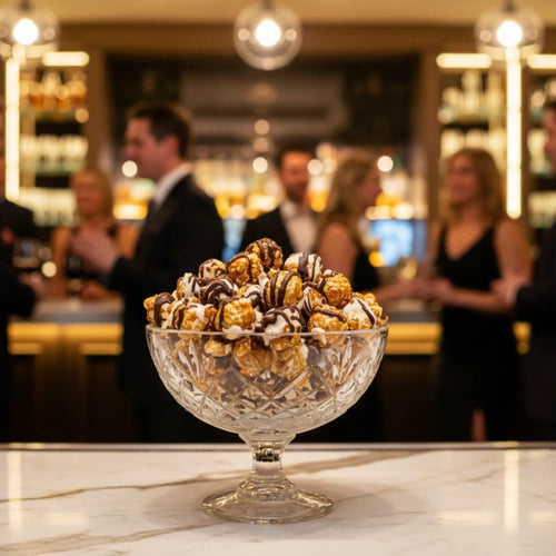 Glass bowl of chocolates on a bar counter with blurred people in the background