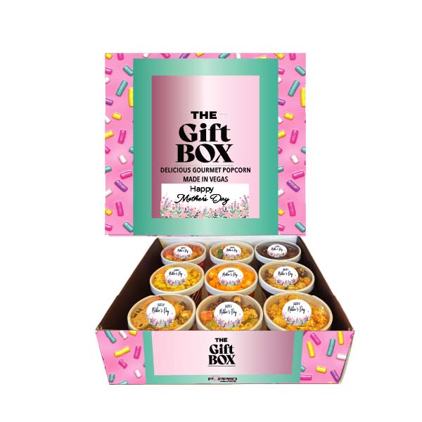 Gourmet popcorn gift box with 'The Gift Box' branding on a white background