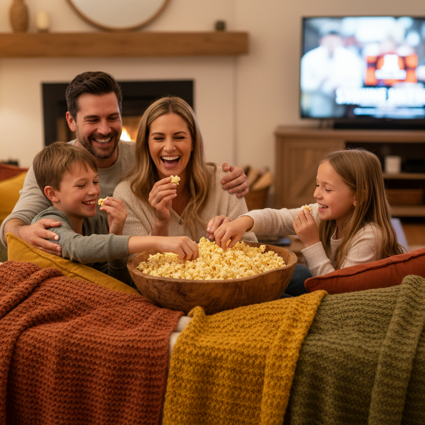 Family of four enjoying popcorn together on a cozy couch in a living room.