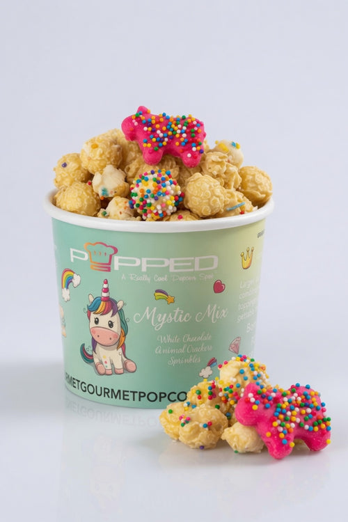 A paper cup of Popped Gourmet Popcorn featuring a mint green unicorn design labeled 'Mystic Mix', filled with popcorn and topped with pink and rainbow sprinkles, with a few popcorn pieces placed in front on a white background.