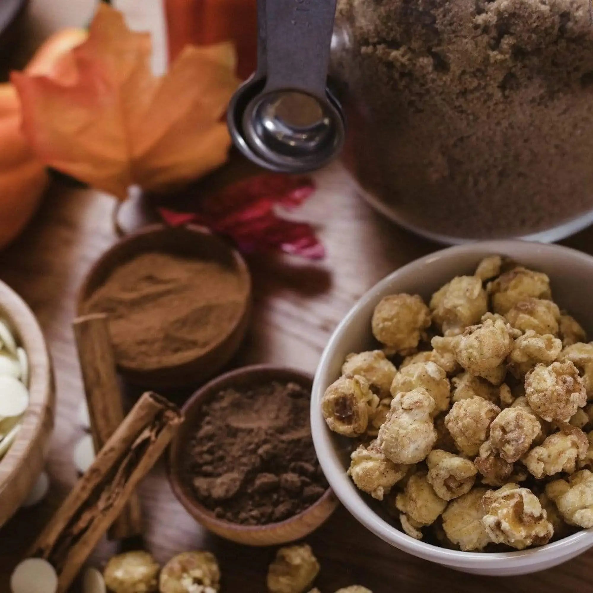 Pumpkin Spice Caramel Gourmet Popcorn with White Chocolate Drizzle