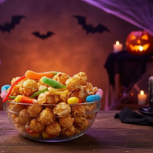 A clear glass bowl filled with caramel popcorn and assorted colorful gummy candies sits on a wooden table, surrounded by Halloween decorations including candles, jack-o'-lanterns, cobwebs, and bats.